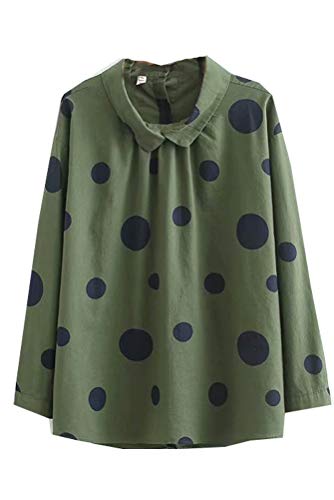 Minibee Womens Long Sleeve Blouses Button Down Shirt Dot Cotton Linen Tops-M Green