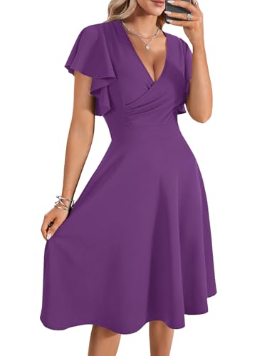 Image of LYANER Women's Warp V Neck Ruffle Short Sleeve A Line Swing Flared Cocktail Party Midi Dress