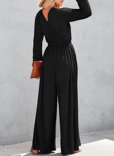 Dokotoo Jumpsuit For Womens Dressy Casual 2024 Lantern Sleeve Resort Wear One Piece Long Deep V Neck Romper Elastic Waist With Pockets Outfits For Fall,Black Large thumb #2