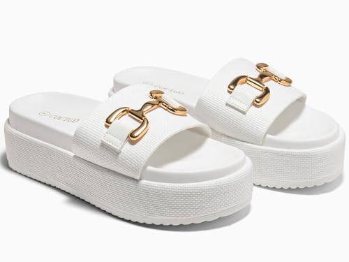 Image of Coutgo Womens Platform Sandals Raffia Espadrilles Metal Chain Slip on Open Toe Cute Beach Slide Sandals