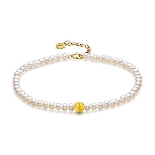 18kt Gold Bracelet for Women, 18K Gold Freshwater Pearl Bead Bracelet Dainty Jewelry Fashion Yellow Gold Link Bracelet for Girlfriends