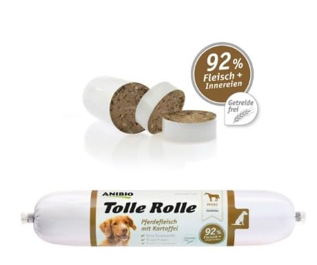 Anibio 8 x Tolle Rolle Pferd 400g | 92% Pferdefleisch | Nassfutter für Hunde | Single Protein | hypoallergenes Pferdefleisch | mit Kartoffel | Getreidefrei | Geprüfte Qualität | Made in Germany
