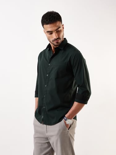 Image of Dennis Lingo Men Solid Spread Collar Full Sleeves Regular Fit Cotton Casual Shirt