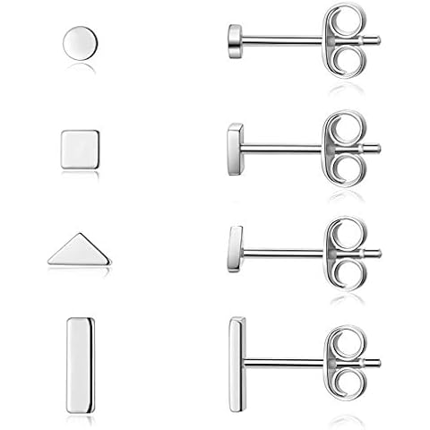 Sterling Silver Stud Earrings for Women Men- 4 Pairs of Hypoallergenic Simple Geometric Small Stud Earring Set Tiny Circle Triangle Square Bar Stud Earrings Mini Cartilage Tragus Earrings(Sliver) Cover