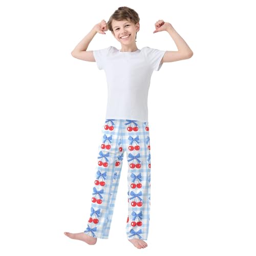 Cherry Blue Bow Grid Pattern Pajama Pants Long Sleep Pant Soft PJ Bottoms Sleepwear2