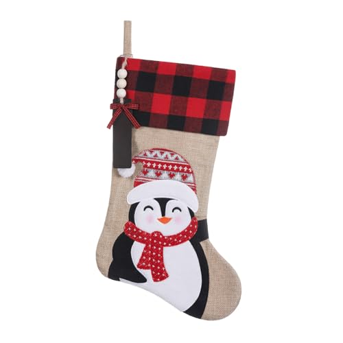 TWSANTAMAS Christmas Stockings Personalized, 20" Burlap Plaid Xmas Stocking with Wooden Tags DIY Name,Farmhouse Holiday Decoration Gifts（Penguin）