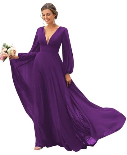 IIF Chiffon Long Sleeve Bridesmaid Dresses for Women Double V Neck A-line Prom Dress with Slit IIF032