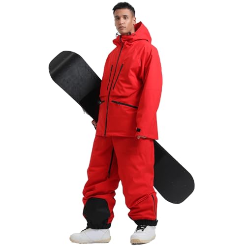 Generisch Pantalon cargo de ski pour homme avec blocage de couleur - Coupe-vent - Chaud - Épais - Double épaule - Sport - Confortable, rouge, M