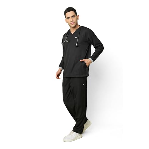 Image of KNYA Active Men's 5-Pocket Longsleeves Scrubs | Set of Top & Bottom | V Neck | Breathable Fabric | Comfortable | Durable | Uniform for Doctors, Nurses and Dentists (XL, Black)