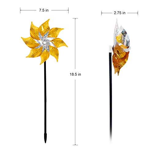 Hausse 10 Pack Reflective Pinwheels with Stakes, Extra Sparkly Pin Wheel for Garden Decor, Bird Repellent Devices Deterrent to Scare Birds Away from Yard Patio Farm, Golden