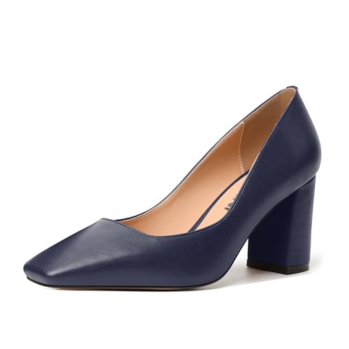 JUSTDANNI Womens Matte Work Formal Comfortable Square Toe Slip On Block High Heel Pumps Shoes 2.5 Inch