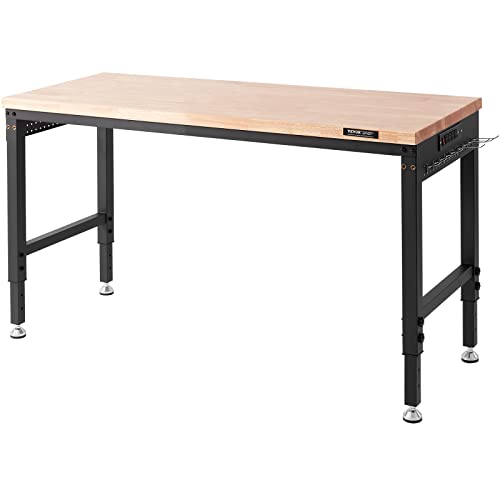 Vevor Adjustable Workbench, 60" L X 22" W Garage Worktable With Universal Wheels, 28-39.5" Heights & 2000 Lbs Load Capacity, With Power Outlets & Hardwood Top & Storage & Foot Pads, For Office Home #TOP10