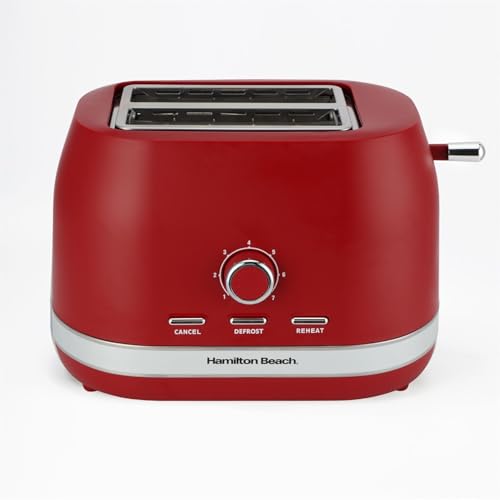 Hamilton Beach Toaster 2 Slice Ella 800W Wide Slots 7 Variable Browning Levels Defrost Cancel & Reheat Settings Removable Crumb Tray Integrated Cord Storage Matte Red - HBT1322MR