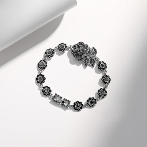 Women Rhodium Plated Vintage Black Marcasite Rose Flower Link Chain Bracelets 7.5 Inches4