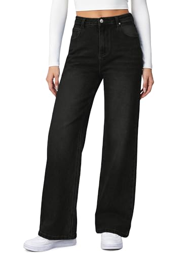 HDLTE Baggy Wide Leg Jeans for Women High Waisted Trendy Flare Jeans Boyfriend Denim Pants with Patch Pockets,Black,X-Small