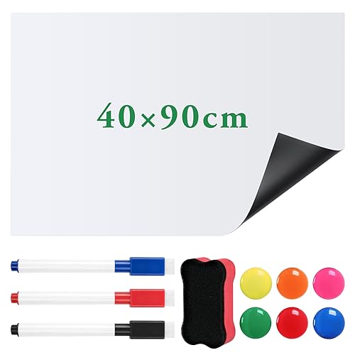 Pizarra Blanca Magnética 40 * 90cm,Papel Pizarra Blanca Adhesiva Pared,Pizarra Blanca Adhesiva,Pizarra Blanca Pared para Dibujo de Niños,Escuela,Oficina,Hogar-3 bolígrafos+6 imanes+Borrador