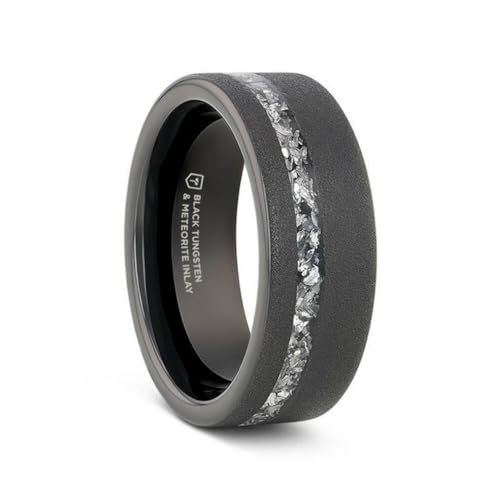 Thorsten Mens Sandblasted Black Tungsten with Meteorite Fragments Inlay Wedding Ring - 8mm Wide - Style name: ABYSS