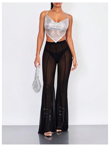 Milumia Women's Sheer Mesh Flare Pants Sexy High Waist Loose Bell Bottoms Party Club Trousers4