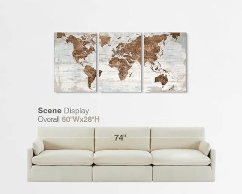 Image of Office Wall Art Canvas World Map Motivational Living Room Pictures | Large Framed Vintage Wall Decor for Men Women Bedroom Home Travel Global Brown Artwork