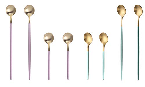 Juiccy's Kingdom Tea Spoon Coffee Spoon Ice Cream Spoon Long Handle Spoon Mixing Spoon Iced Tea SpoonMetal Flatware Stainless Steel (Pink + Green ?set of 8?)