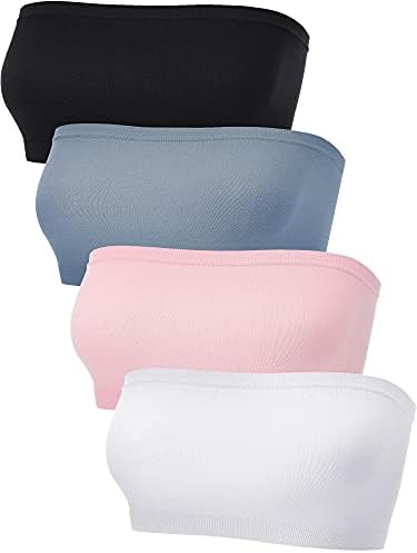 4 Pieces Women's Bandeau Bra Strapless Bralette Seamless Bandeau Non-Padded Stretch Top Bra(Light Blue, Pink, White, Black, Small)