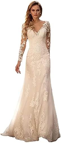 Mermaid Wedding Dresses for Bride with Long Lace Sleeves Appliques Tulle V Neck Simple Bridal Ball Gown for Women with Train White 6