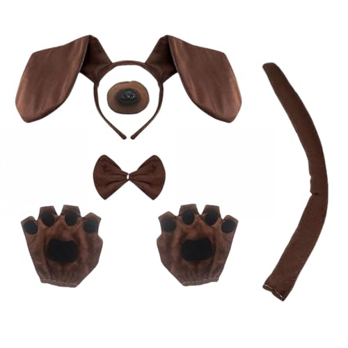 SDXCJY Juego de disfraz de perro salchicha de 5 piezas, incluye orejas de cachorro, diadema, corbatín, nariz falsa, guantes, corbatín, accesorios de disfraz de animal para fiesta temática de Halloween