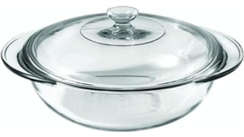 Rammento Cacerola redonda grande de vidrio de 2 L con tapa, cristalería duradera para hornear, cocinar y servir, cuenco de cocina fabricado en Estados Unidos para preparación de alimentos, plato de 25