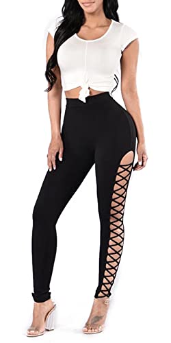 Mintsnow Women's High Waisted Lace Up Side Leggings Clubwear Stretch Skinny Pants Tights Black Xl #TOP3