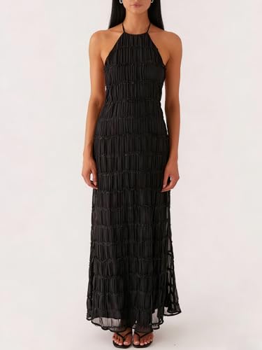 Image of Yiulangde Women's Backless Smocked Maxi Dress Sexy Spaghetti Strap Cut Out Flowy Beach Long Dress Vacation Casual Sundresses