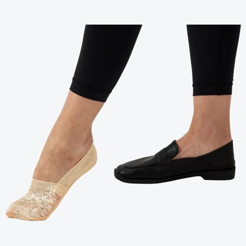 Flammi Women's Lace No Show Liner Socks Non Slip Cotton Bottom 6 Pairs (Beige) #TOP1