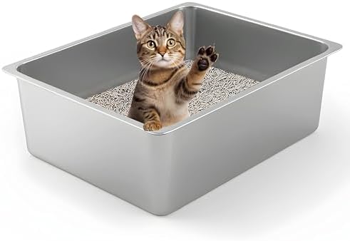 Kirecoo Stainless Steel Cat Litter Box - Metal High Sided Cat Pan...