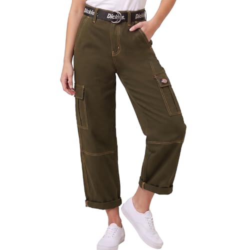 Dickies Womens Cargo Pants - High Waisted Cropped Leg Relaxed Fit Belted Utility Work Pants for Women - Size Up for Ideal Fit Size 25 Military Green