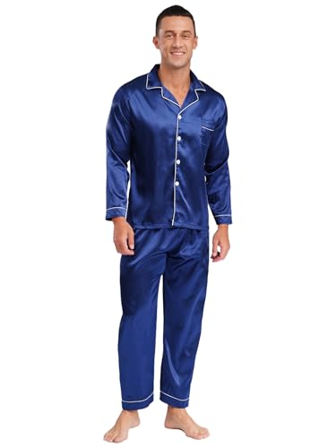 TiaoBug Men's Satin Pajamas 2Pcs Long Sleeve V Neck Loose Fit Sleepwear Set Button-Down Loungewear