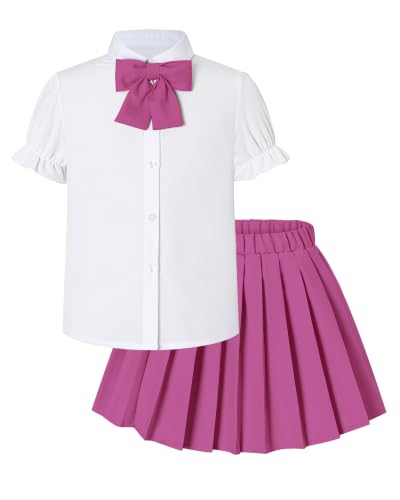 Image of Betusline Girls Skirt Set JK School Uniform 2-Piece Outfit - Short Sleeve Shirt with Bow & Pleated Skirt 4T-14Y