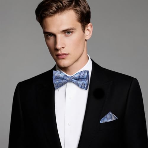 Image of Hi-Tie Bow Ties for Men Pre-Tied Pocket Square with Cufflinks Mens Bowtie Sets for Wedding Formal Party