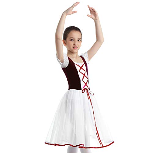 Inhzoy Kids Girls Ballet Tutu Dress Lacework Velvet Long Tulle Dress Figure Ice Skating Dresses Dance Dress Burgundy 9-10 #TOP2