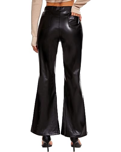 Ginasy Faux Leather Bell Bottom Pants for Women Flare Trousers High Waist Bootcut Pleather Slacks with Pockets2