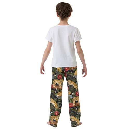 Tiger Red Flowers Boys Long Pants Soft Trousers Elastic Waist Kids Lounge Bottoms with Pockets S-XL3