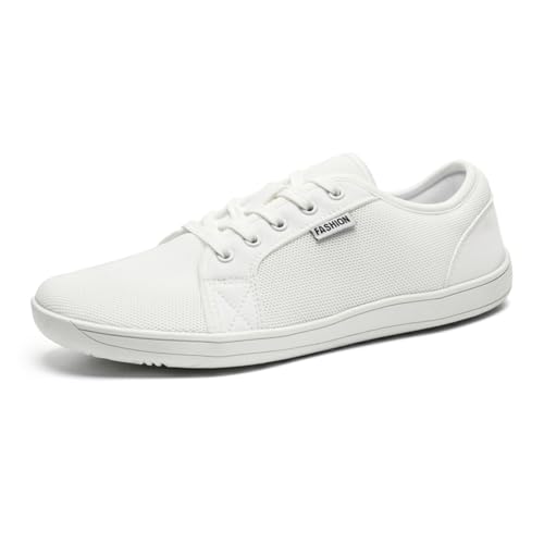 XOEKD Unisex Minimalist Barefoot Mesh Running Shoes | Zero Drop Sole | Comfortable Wide Width Fashion Lace-up Sneaker Cross-Trainer Lightweight Walking Casual Shoes (White,13,Men,12)