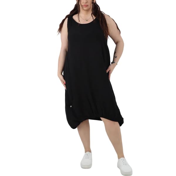 Damen-Sommer-Partykleid, ärmellos, elastischer Saum, italienisches Leinenkleid, breite Träger, 2 Fronttaschen, Pullover, Midi-Kleid, Schwarz ,...