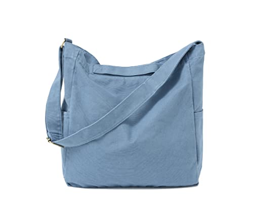 Jeelow 20oz Washed Canvas Tote Shoulder Crossbody Bags Purse Handbag For Men & Women Adjustable Strap (Blue)