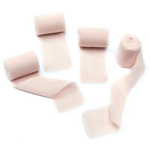 4 Rolls Blush Pink Handmade Fringe Chiffon Silk Ribbon 2" W x 5Yd Per Roll,Frayed Edges Ribbon Set for Gifts Wrapping,Wedding Invitations,Bouquets,DIY Crafts (2" x20Yd, Blush Pink)