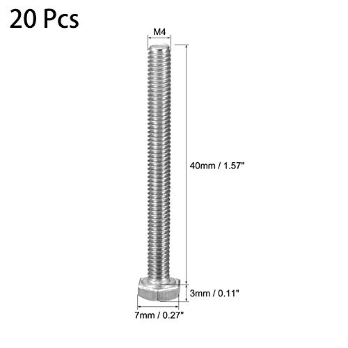 Image of 20 Pcs M4 Hex Bolt M4-0.7 x 40mm UNC Hex Head Screw Bolts A2-70(304) Stainless Steel Fully Threaded Hex Tap Bolts,Fully Threaded (M4 x 40mm)