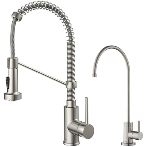 KRAUS Bolden Commercial Style Pull-Down Kitchen Faucet and Purita Water Filter Faucet Combo in Spot Free Stainless Steel, KPF-1610-FF-100SFS
