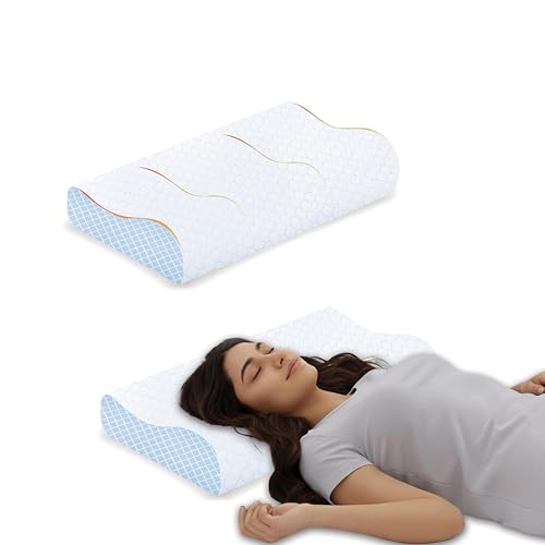 Image of Orthopedic Memory Foam Pillow with 9 cm and 12 cm Heights, Cervical Contour for Neck and Shoulder Relief, Breathable Jacquard Cover, Sky, 60 x 35 cm Ergonomic Bedding Sleep Aid Support