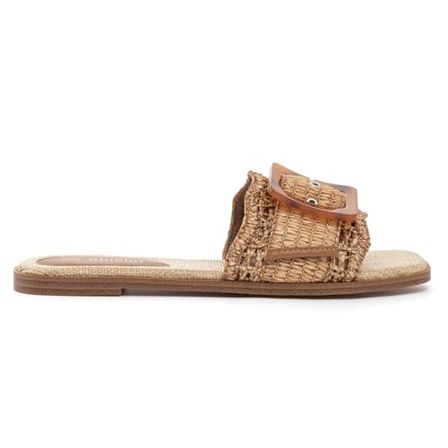 Rihero Women's Raffia Flat Sandals Square Open Toe Summer Beach Slip On Woven Buckle Slide Sandals2
