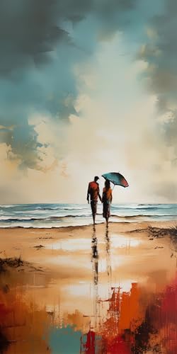 Tableau acrylique romantique d'un couple marchant sous la pluie pour chambre parentale