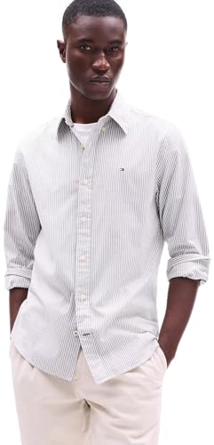 Tommy Hilfiger Camisa masculina casual de manga comprida com botões em modelagem regular coleção 2025, Uniforme listrado verde-oliva, G