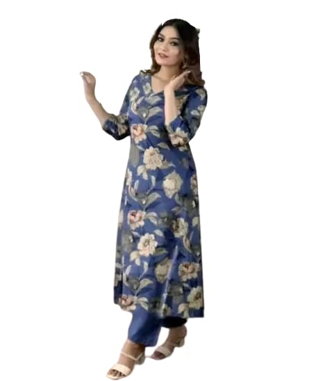 Shree Balaji Textile Store Women’s Cotton Floral Printed Straight Cut_Kurti with Pants Set – Three-Quarter Sleeve Cotton Blend Ethnic Wear Color_Navy Blue Size XXS